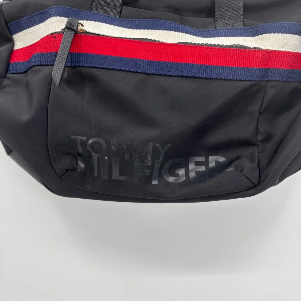 Tommy Hilfiger Black Nylon Messenger Crossbody Bag‎ Red White Blue Stripe Logo